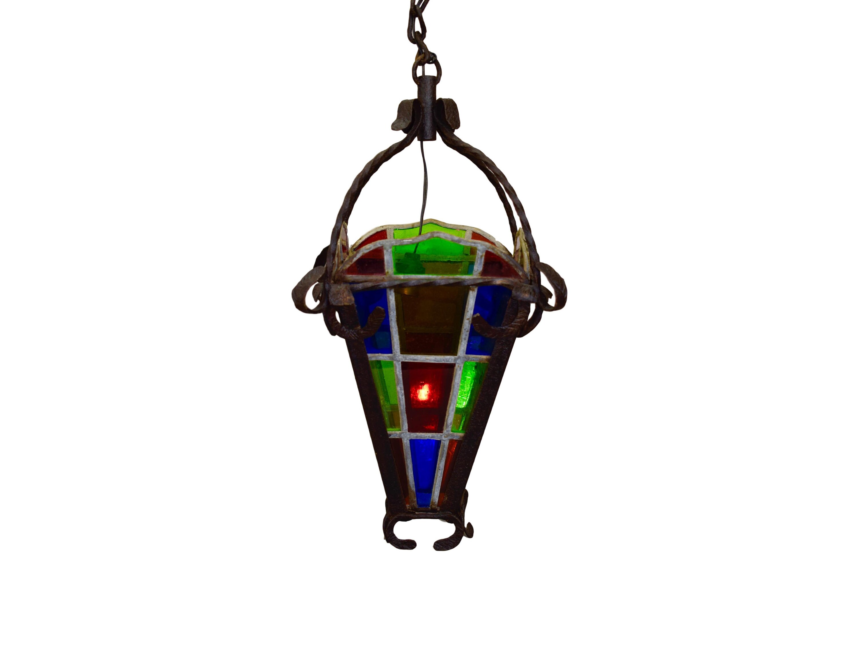 Français Antique Wrought Iron Lantern With Stained Glass - Belle Epoque Porch Chandelier Éclairage E