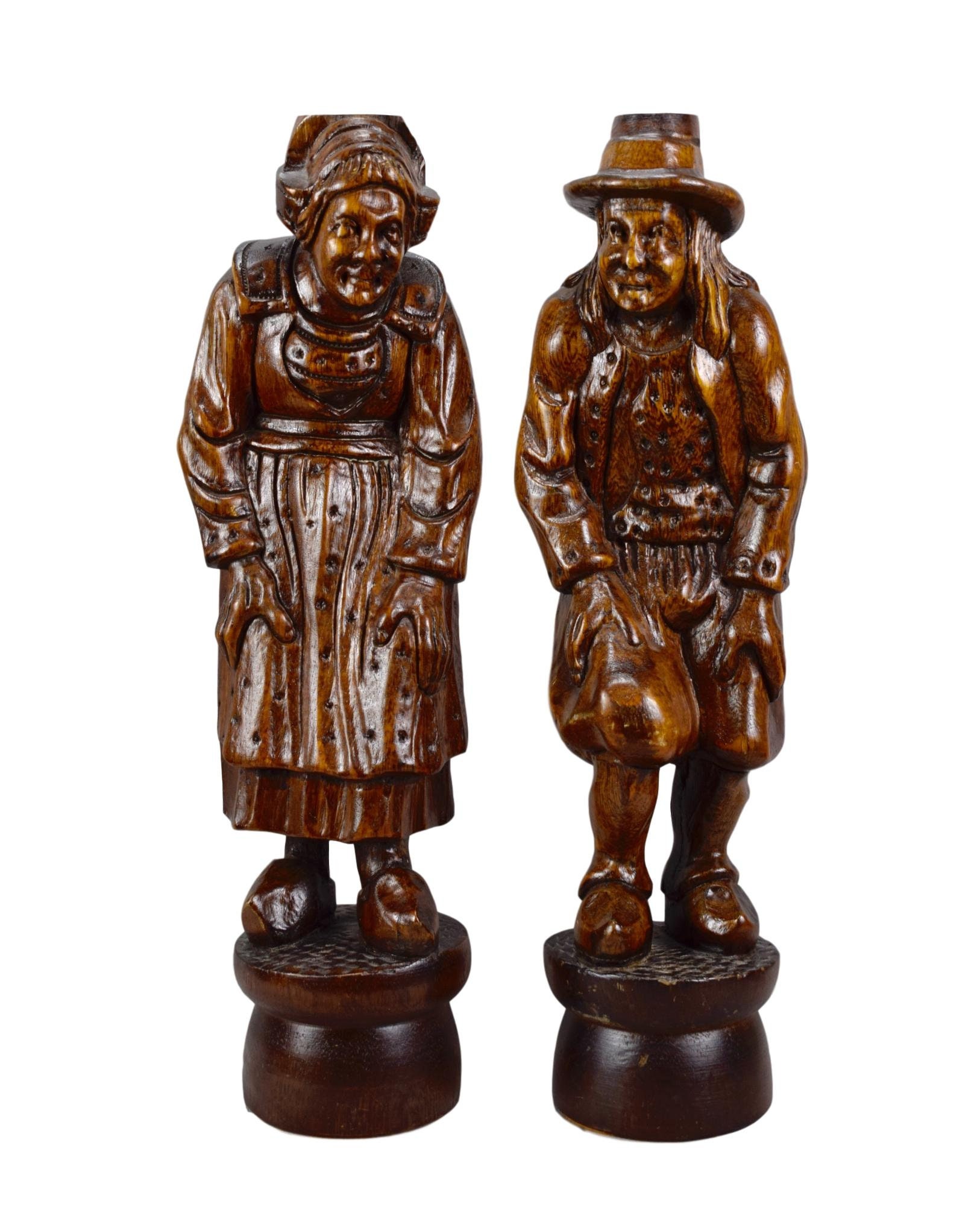 Paire de Colonnes Français Sculpture en Bois Figural Breton, Corbels Rustiques, Statue Femme d'homme