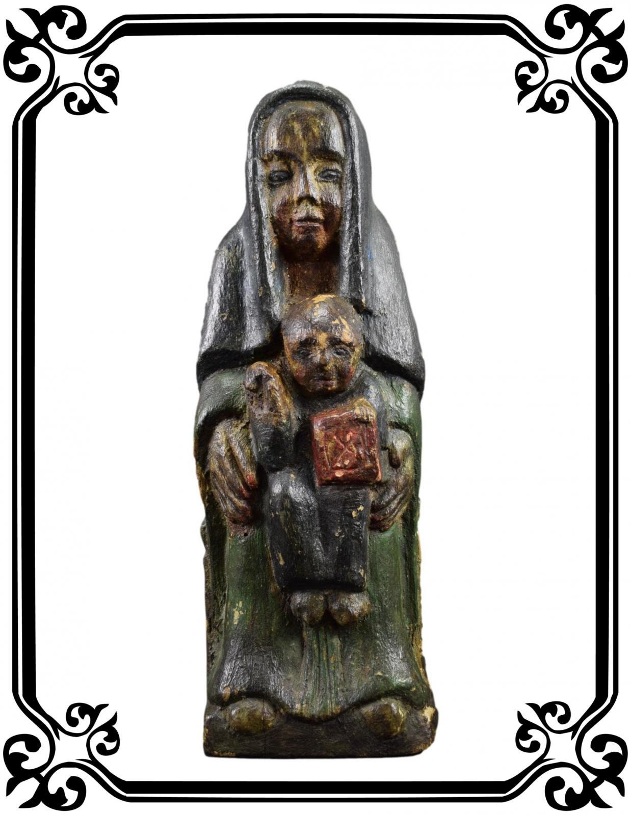 Français Antique Religieuse Vierge Marie Jésus Enfant Bois Sculpté Statue Polychromatique 16Ème 17Èm