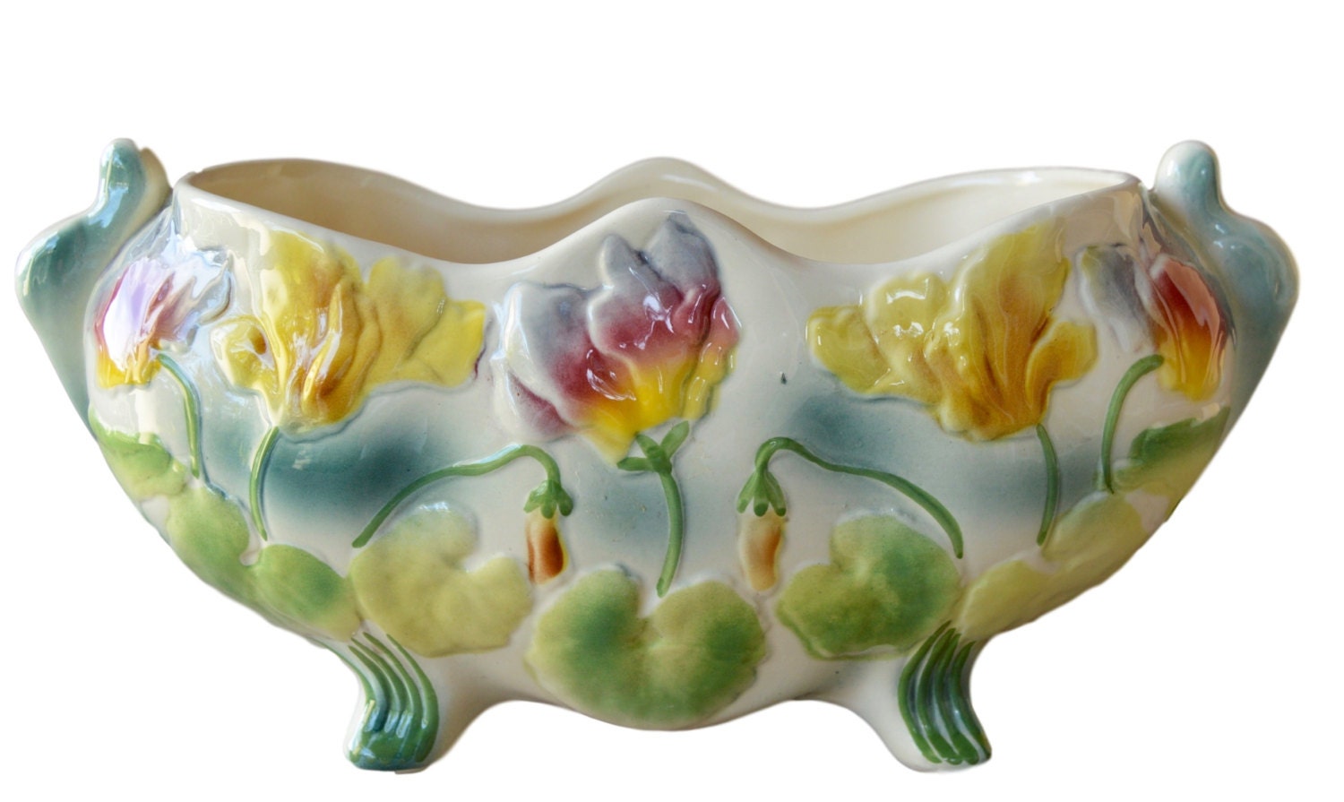 Art Nouveau Français Grand Saint Clément Majolica Jardinière Pot de Jardinière