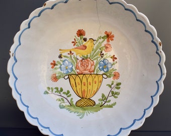 French Antique 18th.C Nevers Pottery Bowl with Hand Painted Bird and Flower