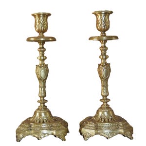 Pair of antique French candlesticks, 19th century Regency style gilt bronze, romantic vintage decor for table or mantel