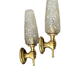 Vintage French Bronze Pair of Hand Wall Sconces Holding with Glass Lamp Shade