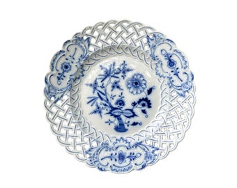 Antique Meissen Porcelain Plate, Blue Onion Reticulated Design