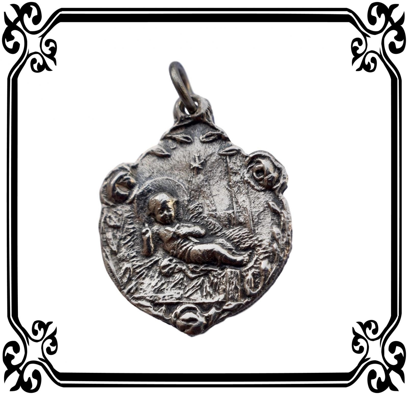 Naissance de Bébé Jésus Français Art Nouveau Religieux Sterling Médaille d'argent Jérusalem