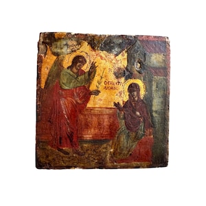Rare antique Russian Orthodox icon, 18th century hand-painted wood panel, The Annunciation religious art