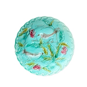 French Antique Wall Onnaing Turquoise Majolica Plate, Birds Berries c 1880, French Country Cottage  Decor, Gift for her
