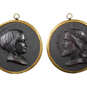 French Antique Pair of Religious Medallions Hardened Wood 19th