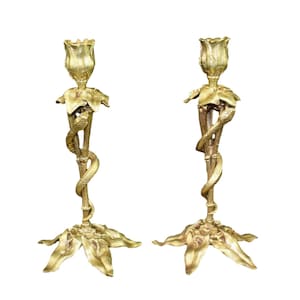Antique Pair of Art Nouveau Bronze Candlesticks Snack, Gift for her