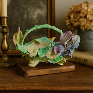 Antique French Majolica Planter Basket by Longchamp, 19th Century Terre de Fer, Iris Flower Jardinière, Hand-Glazed Floral Barbotine