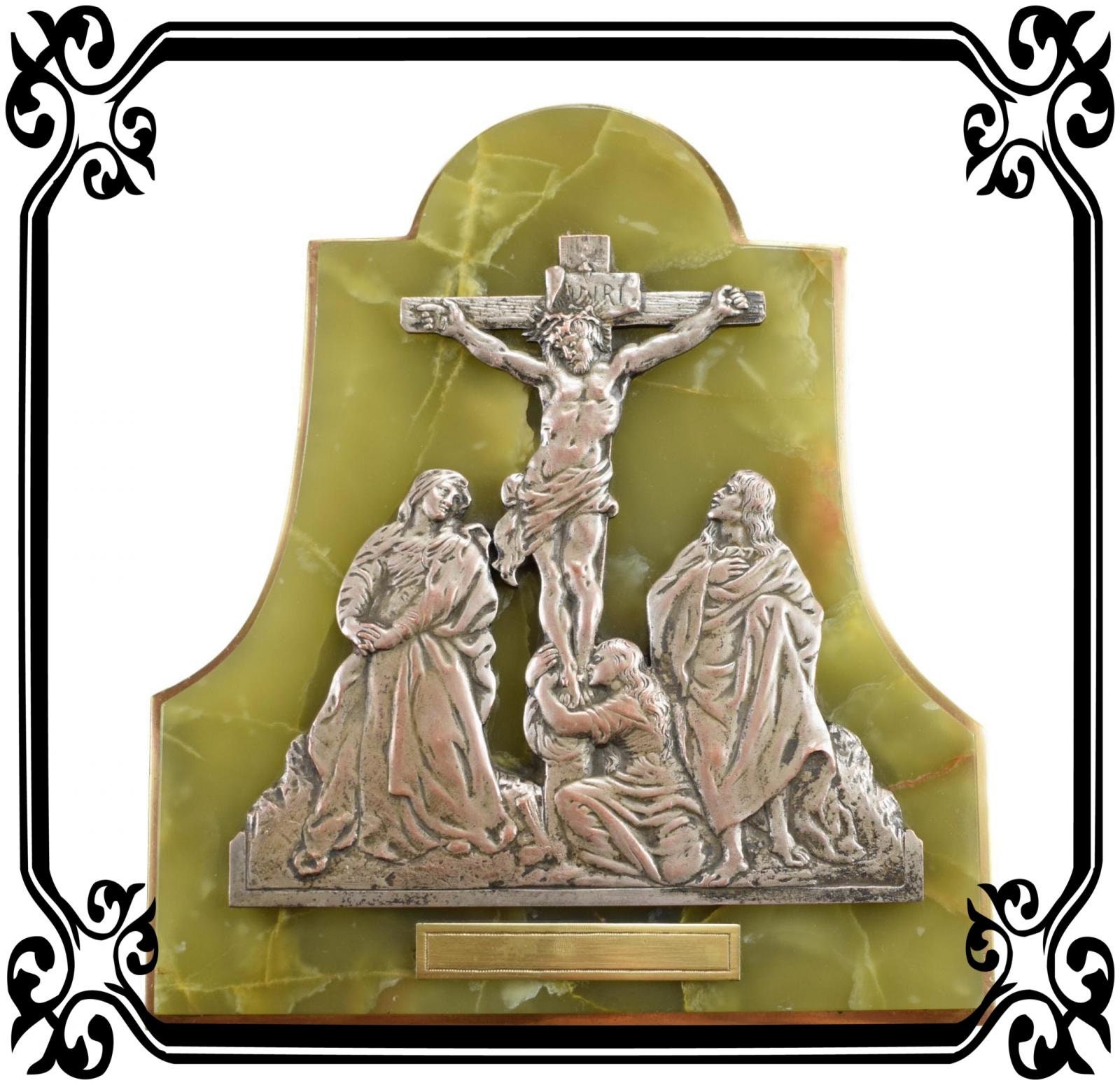 Ancien Bénitier 19Ème Crucifix Onyx et Laiton Anges