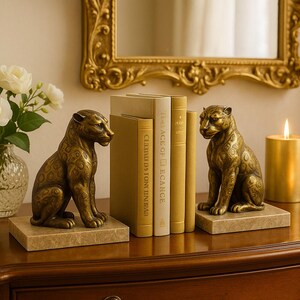 JAMAR Art Deco Pair of Panther Bookends on Marble