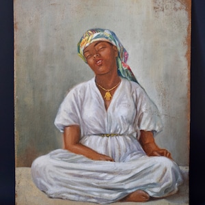 Français Peinture à lhuile orientaliste sur toile Portrait dune femme Main de Fatma image 1