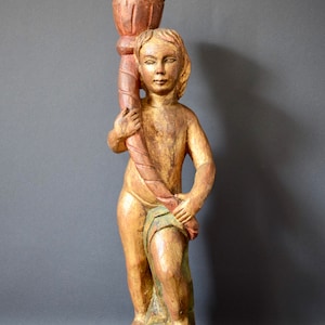 Vintage Italian Painted Carved Wood Candlestick Torch Candleholder