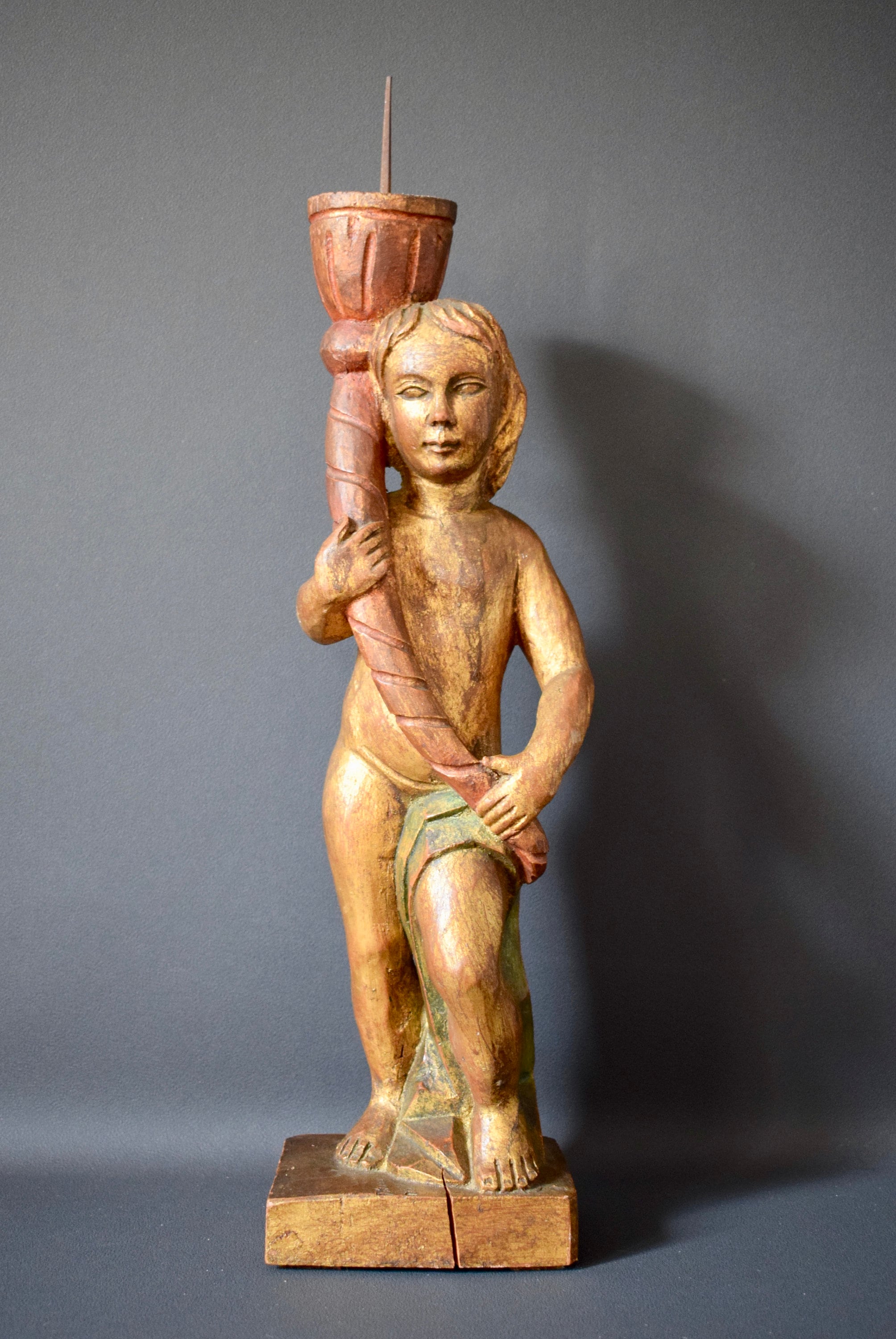 Photographie Italienne Peinte en Bois Sculpté Candlestick Torch Candleholder