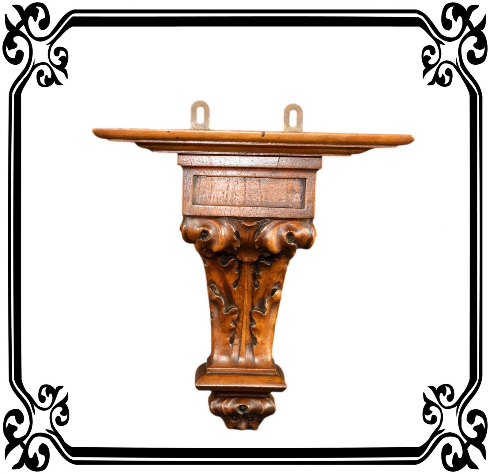 Français Antique Gothique Sculpté à La Main en Bois Encorbell Étagère Support Mural