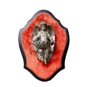 Antique French holy water font – Angel on red velvet – Napoleon III benitier – religious wall décor