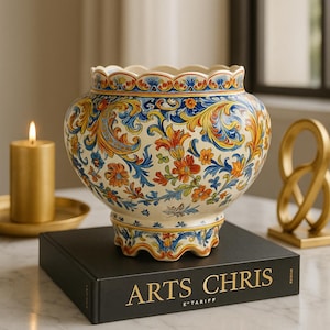 Puede incluir: Un macetero de cerámica blanca con un borde festoneado y un diseño floral colorido en tonos azules, amarillos, naranjas y rojos. El macetero está sentado sobre un libro negro con el título "Arts Chris E*Tariff" impreso en dorado.