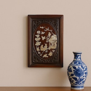 Antique Asian Carved Wood Wall Panel – 19thC Chinese or Vietnamese Mother of Pearl Inlay, Birds & Couple Scene, Decorative Art