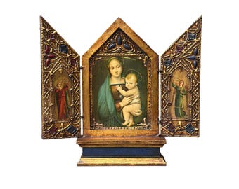 Antique Italian Religious Triptych, Virgin and Child, Gilded Florentine Art