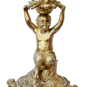 Antique French Ormolu Bronze Candlestick Rococo Style with Faun Statue