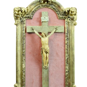 18th Century French Antique Gilded Wood Crucifix Frame – Religious Hand Carved Wall Art, Catholic gift