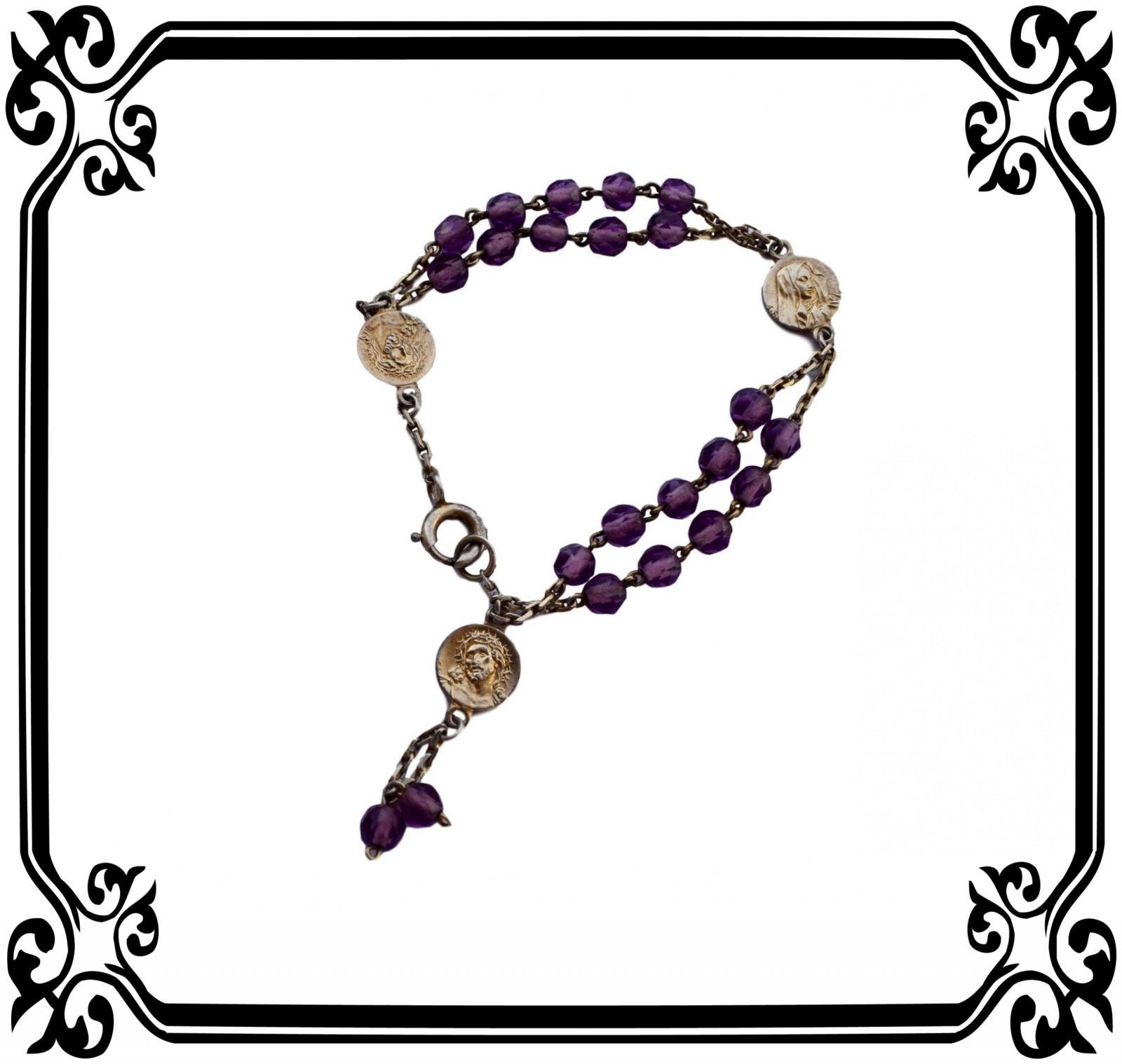 Français Bracelet Du Rosaire Religieux Faceted Perles de Cristal Pourpres - Gold Sterling Argent