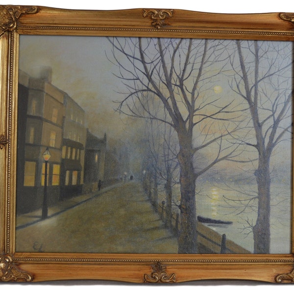 English Vintage Painting by Elizabeth Lambourne - The Thames at Barnes After J A Grimshaw - Framed London Painting - Wall Art