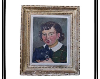 Raymonde Boisy  Oil Painting Portrait of A Young Girl & Her Dog
