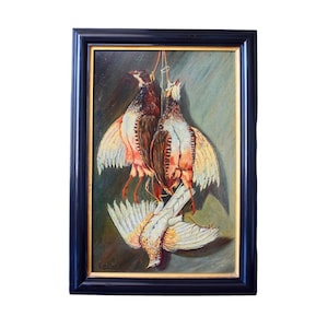 French Antique Hunt Trophy Oil Painting Game Birds, Wall art, Gift for hunter