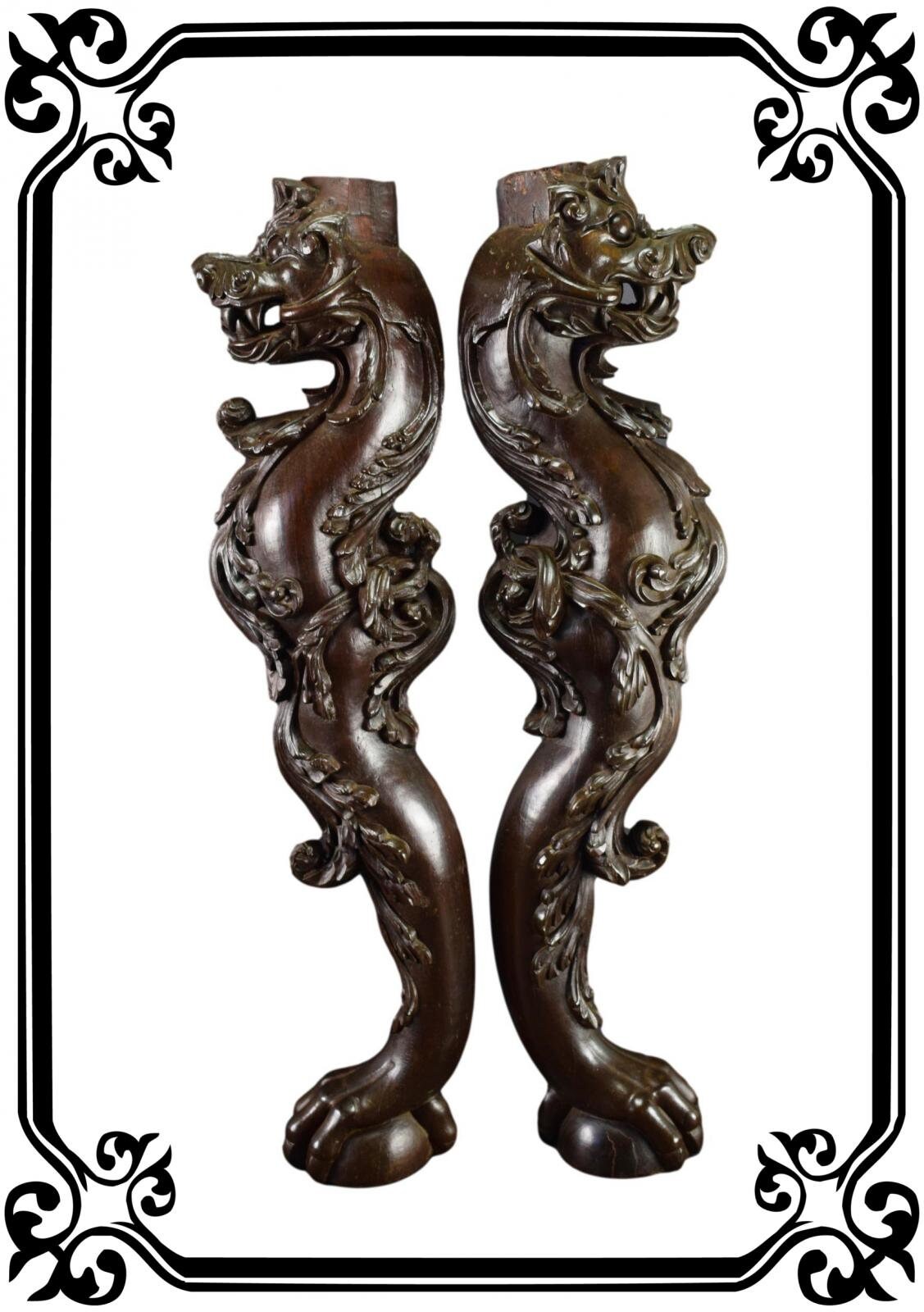 Vintage Français Grande Paire de Console en Bois Sculpté 19Ème Dragons