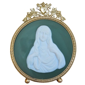 Antique French Brass Reliquary Frame – Mary Sacred Heart Medallion