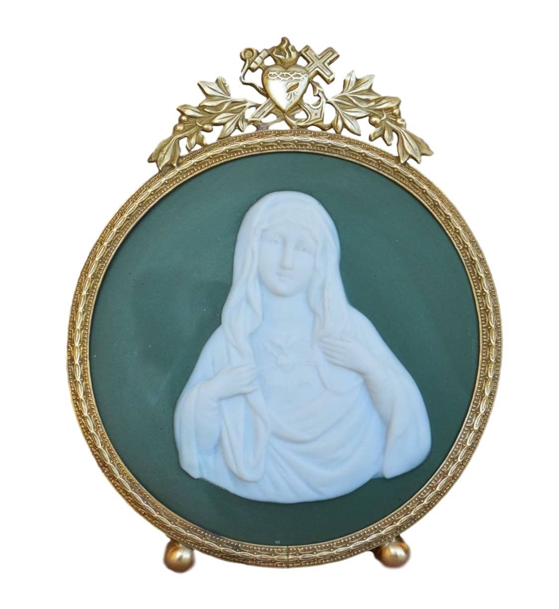 19Thc Religieux en Laiton Antique Reliquaire Cadre - Marie Sacré Coeur Plaque Français Vierge Oratoi