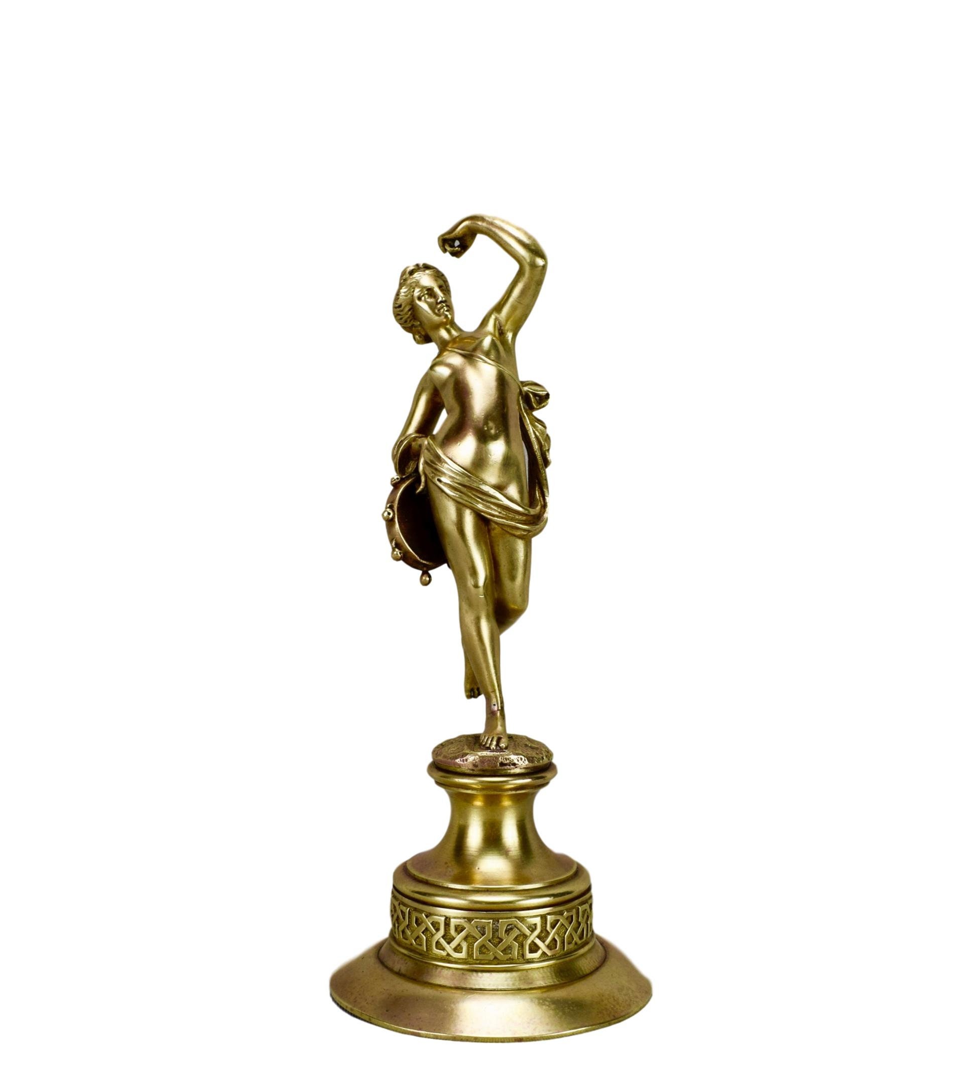 statue Nue de Bronze, Femme avec Une Sculpture en Bronze Tambourin, Français Figurine Orientaliste A