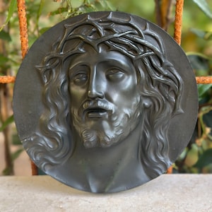 Antique bronze plaque of Christ signed A. Dubois, sacred art, 1930s, crowned Jesus face, religious wall decor