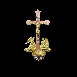 Antique French Travel Holy Water Font, 19th Century Wall Crucifix in Gilded Copper with Angels, Religious Sacred Art