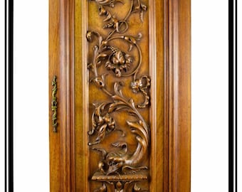 French Antique Neo-gothic Dolphin Carved Wood Door Panel Cupboard Door