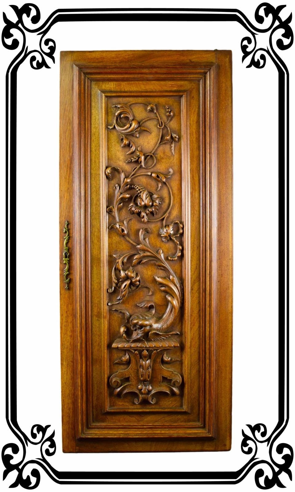 Français Antique Néo-Gothique Dauphin en Bois Sculpté Panneau de Porte Placard Porte