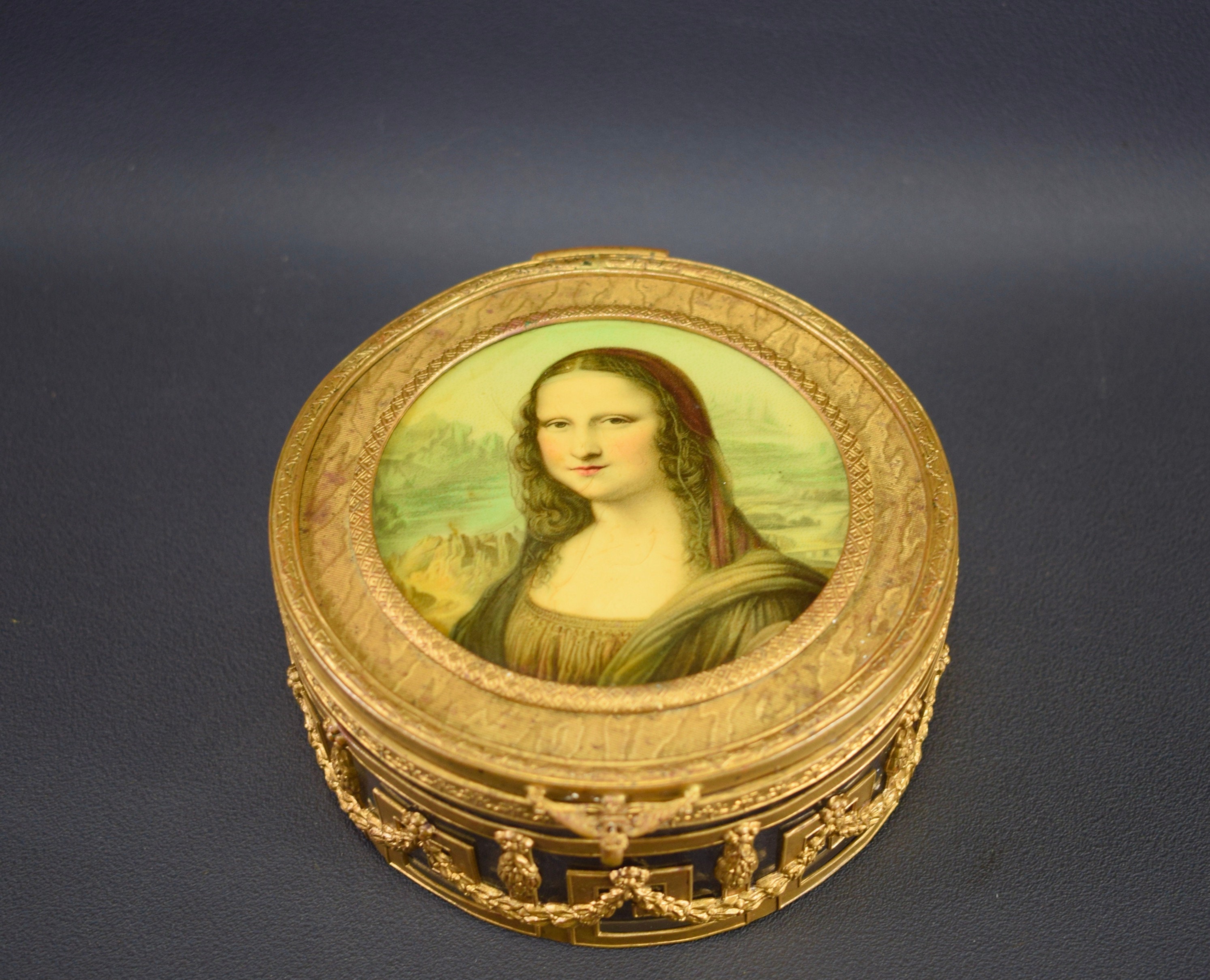 19th Century French Jewelry Box – Mona Lisa Art on Lid, Vintage French Decorative Box