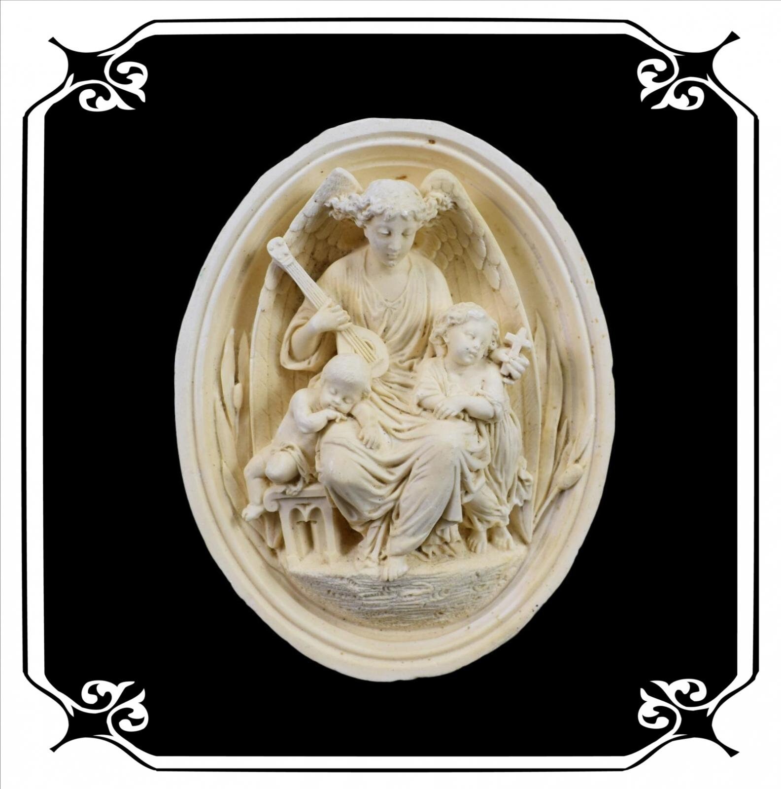 Français Main Religieuse Antique Sculptée Reliquary Meerschaum Angel With Two Children