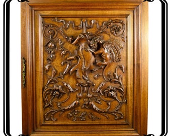 French Antique Neo-Gothic Wood Door Griffin Dragon Chimera