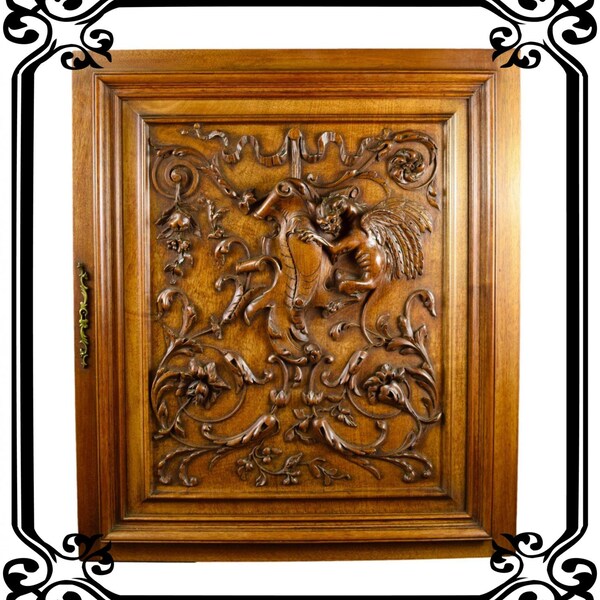 French Antique Neo-Gothic Wood Door Griffin Dragon Chimera