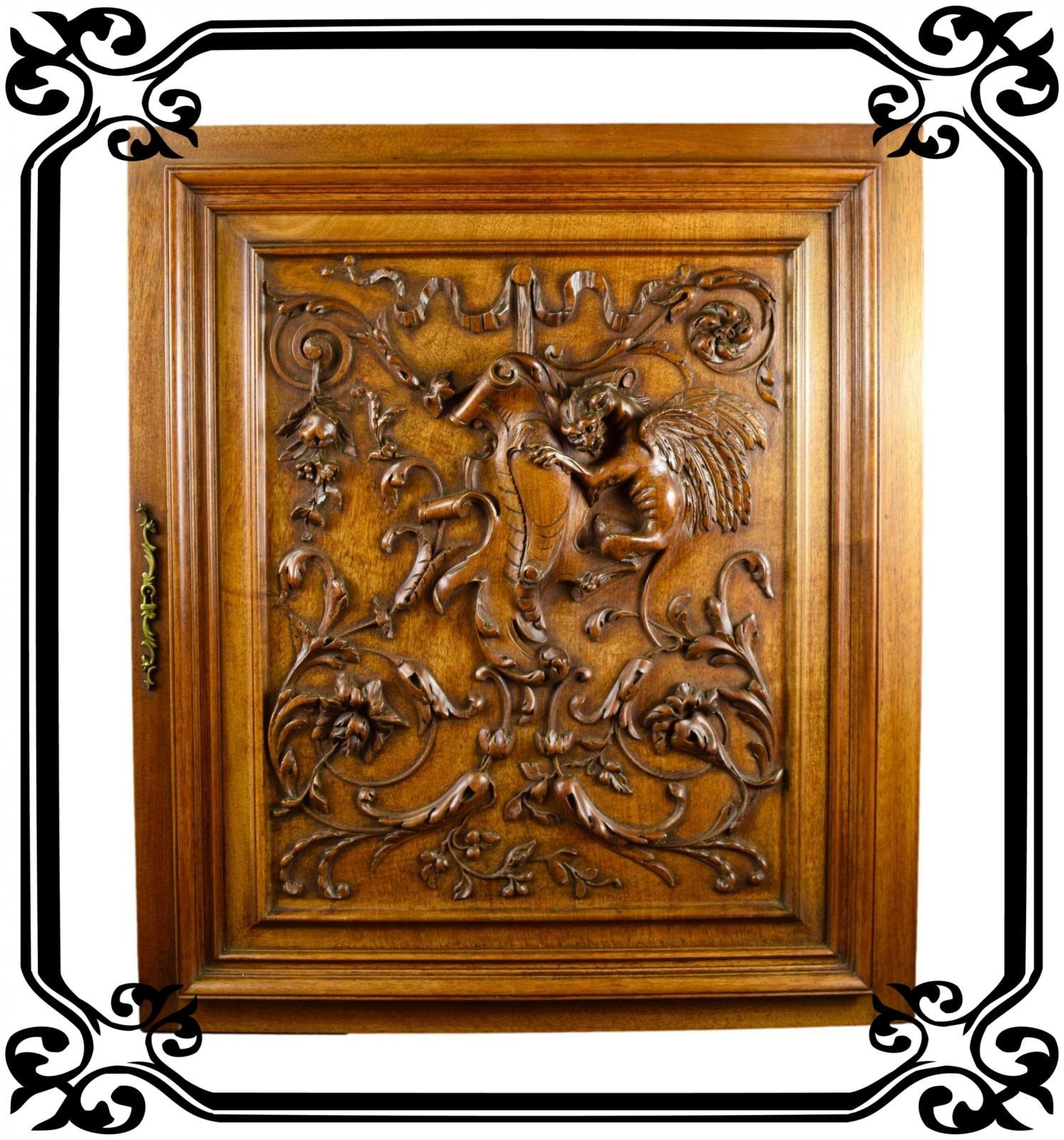 Français Porte en Bois Néo-Gothique Antique Griffon Dragon Chimère