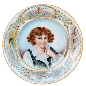 Plato de pared francés antiguo de porcelana pintado a mano