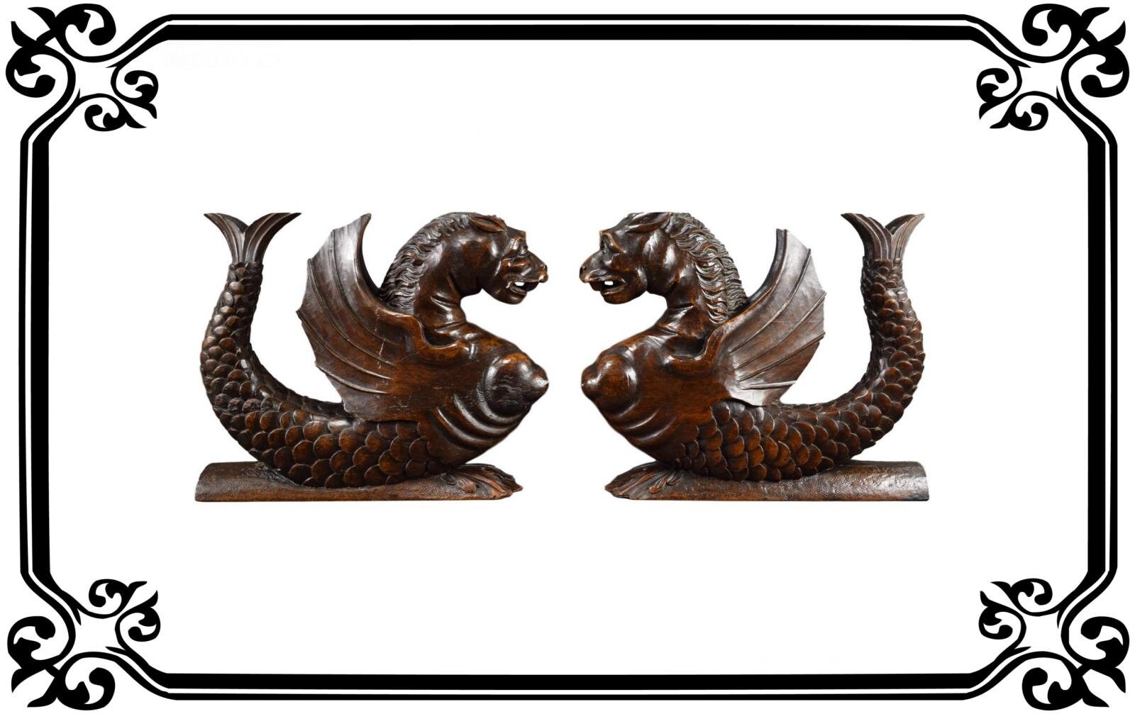 Magnifique Paire Français Supports Cabinet de Griffins en Bois Sculpté - Corbels Antiques Chimère Ré