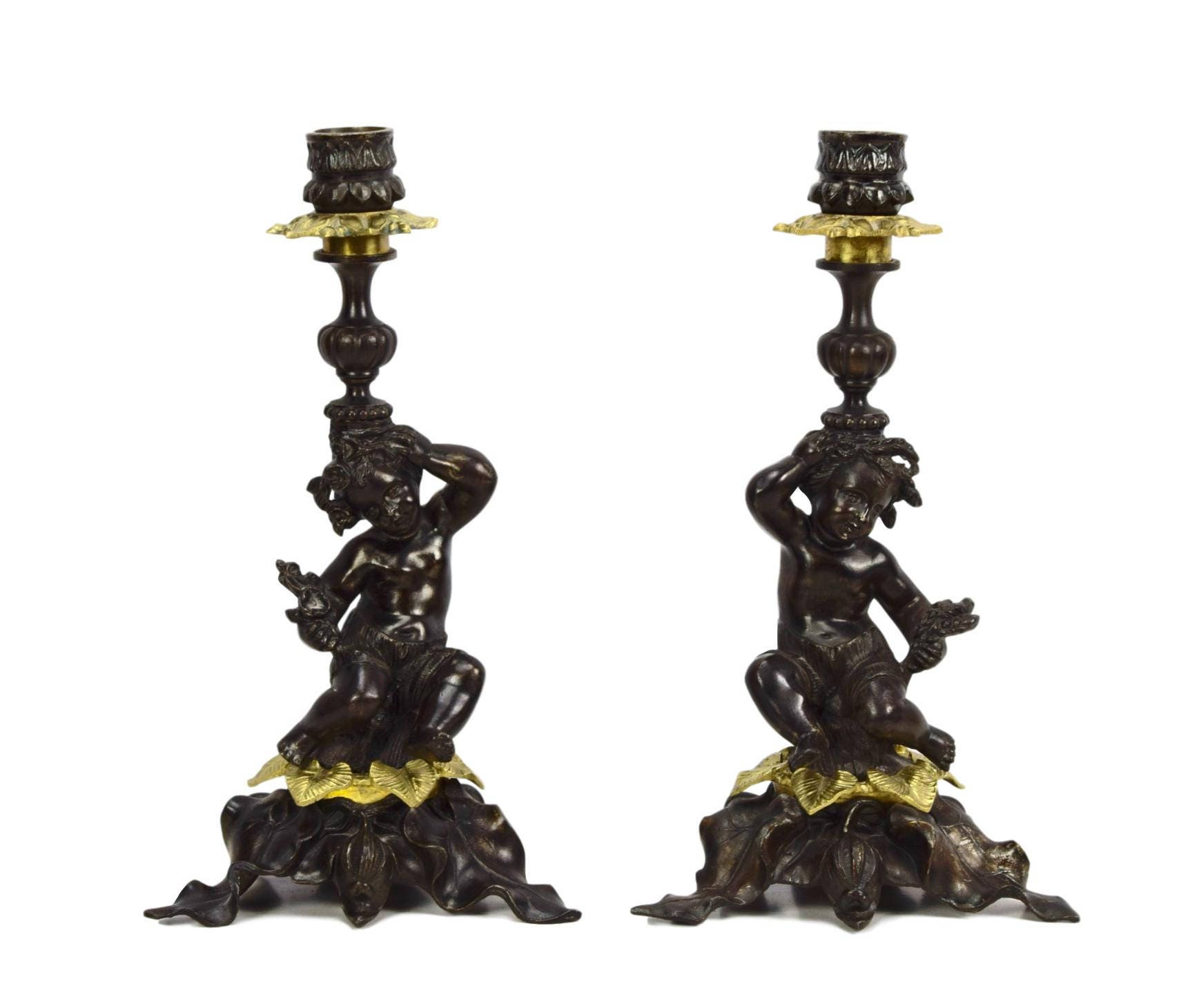 Paire de Bougeoirs Rococo Antique - Ciselé Bougie Bronze Titulaires Putto Putti Ange Chandeliers 19T