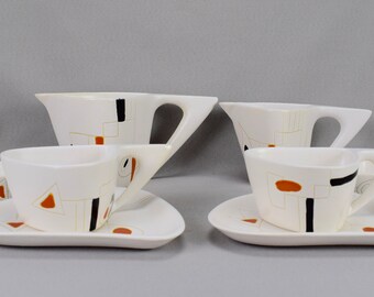 Pierre et Denise Orlando en céramique petit déjeuner intime ensemble, milieu du siècle poterie deux tasses et soucoupes, lait cruche, Pot à crème deux plats de service