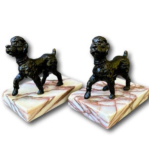 Art Deco Poodle Bookends, French Vintage Marble & Spelter Dog, 1920s Home Library Decor, Stylish Gift Idea