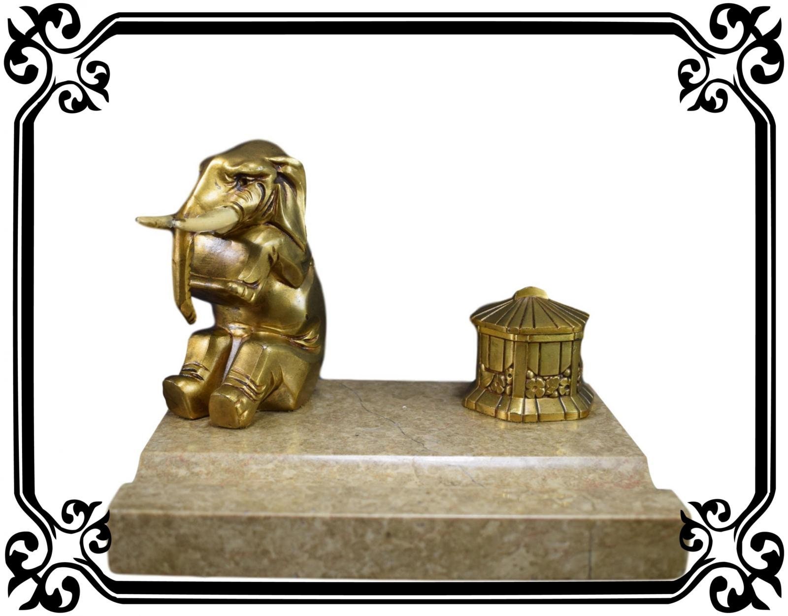 Eléphant Français Art Déco sur Encrier en Marbre Accessoire de Décoration Bureau Français