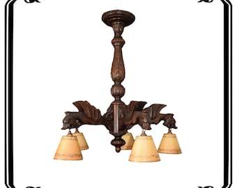 French Antique Victorian Hand Carved Wood Large Chandelier Chimera 5 Lights